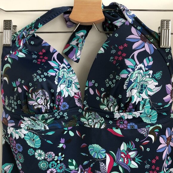 Jessica Simpson Swim Floral V Neck Tankini Navy Purple Blue White Size M - Picture 2 of 11
